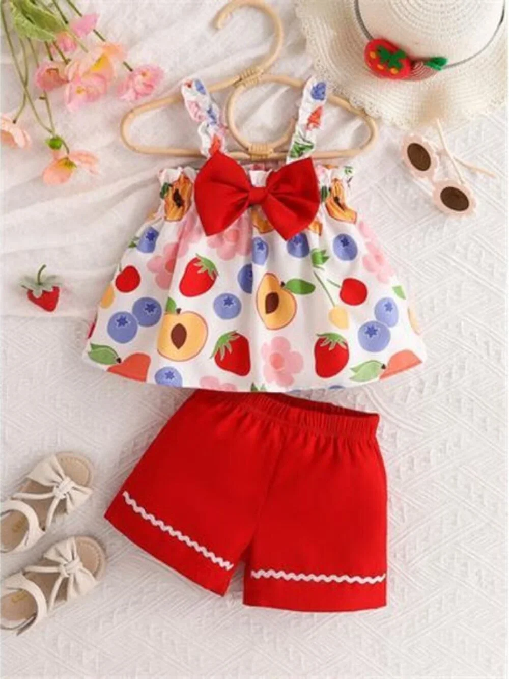 Children's Fruit Print Tank Top & Solid Shorts Set
